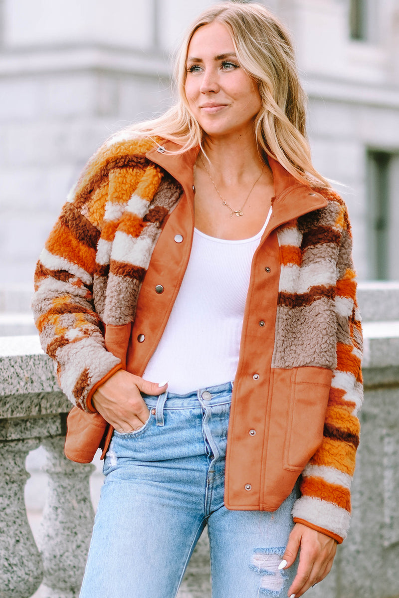 Brown Quilted Patch Pockets Aztec Furry Jacket