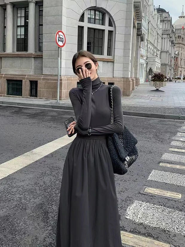 With Coat Knitted Fishtail Dress Women Autumn and Winter Long Hepburn Sle Black Dress Slim fit Inner wear Bottoming Sweater...