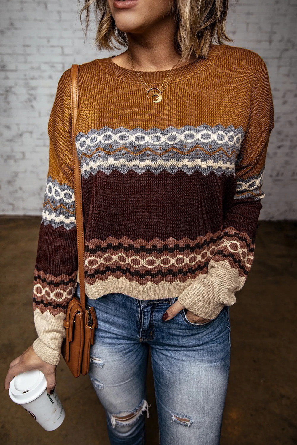 Brown Printed Crew Neck Knit Sweater