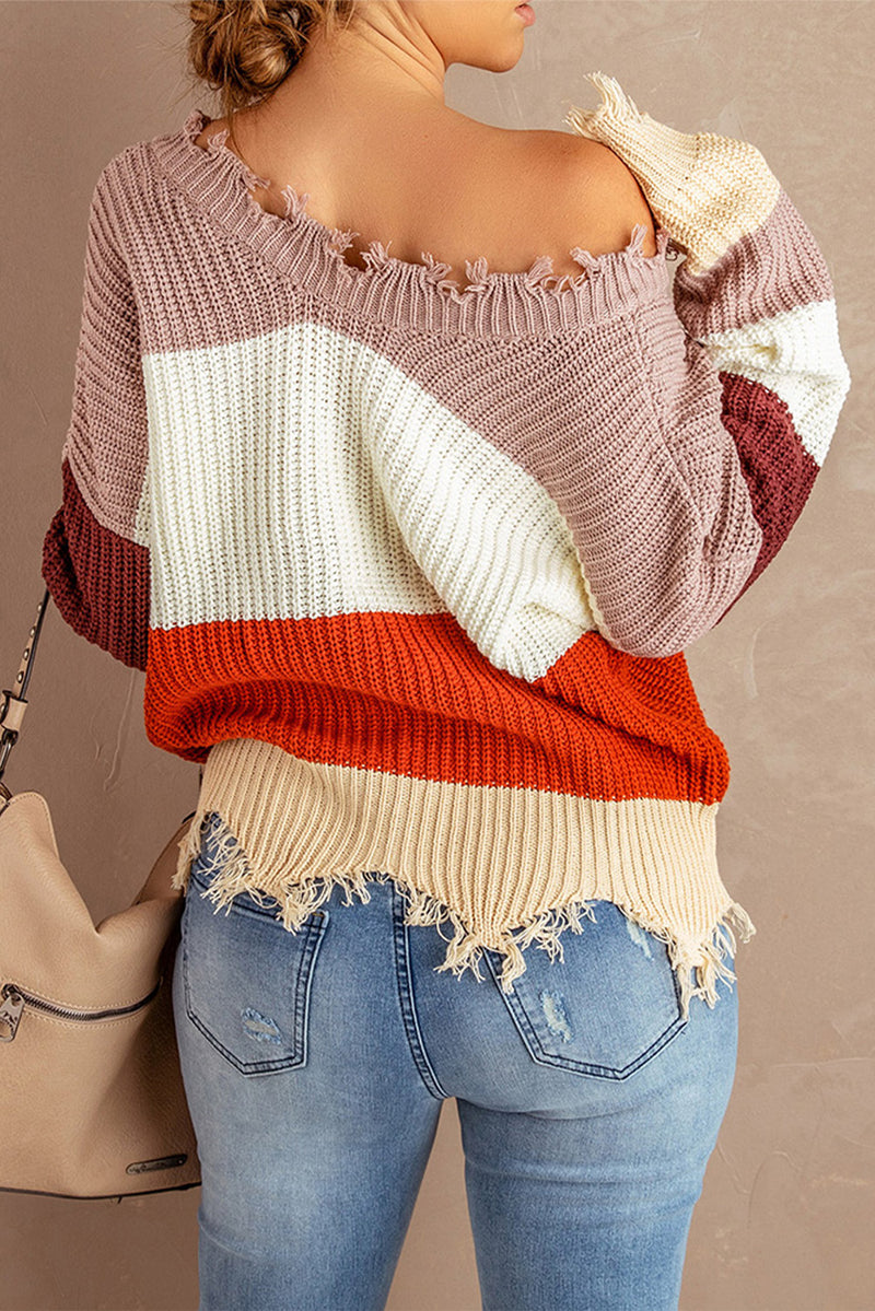 Gray Colorblock Distressed Sweater