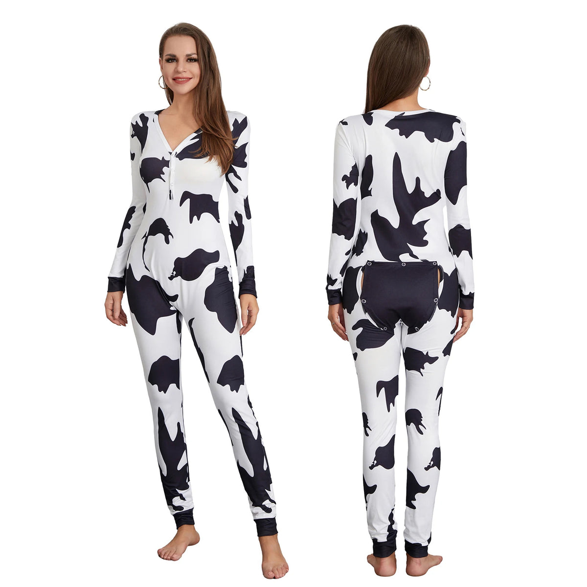 Women Buttoned Flap Jumpsuits Sleepwear Cow Printed Long Sleeve V Neck Bodycon Romper Spring Fall Loungewear