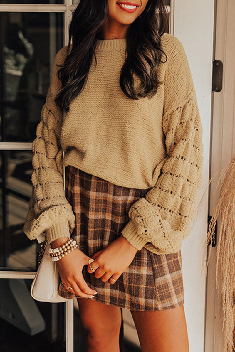 Khaki Hollowed Bubble Sleeve Knit Sweater