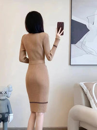 Autumn Winter Women Knitted Dress Brand Fashion O-neck Buttons Bodycon Sweater Dress with Belt Lady Office Dress