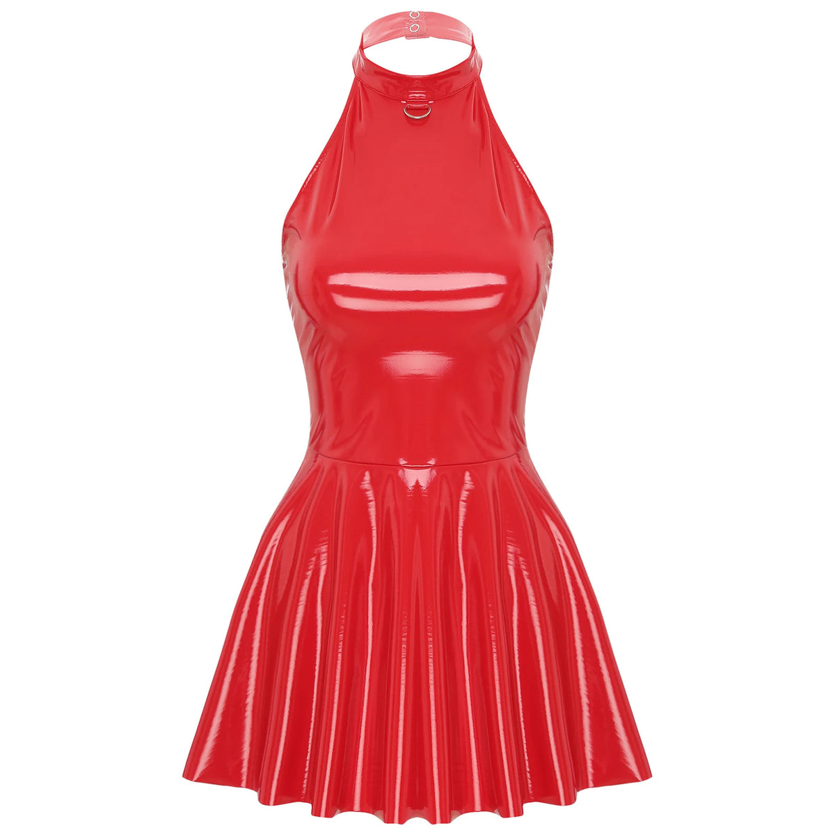 Womens Latex Swing Skirt Disco Dress Glossy Patent Leather Clubwear Halter Sleeveless Skater Mini Dress Rave Party Clubwear