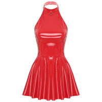 Womens Latex Swing Skirt Disco Dress Glossy Patent Leather Clubwear Halter Sleeveless Skater Mini Dress Rave Party Clubwear