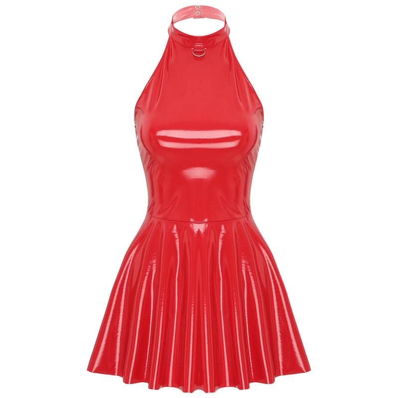 Womens Latex Swing Skirt Disco Dress Glossy Patent Leather Clubwear Halter Sleeveless Skater Mini Dress Rave Party Clubwear