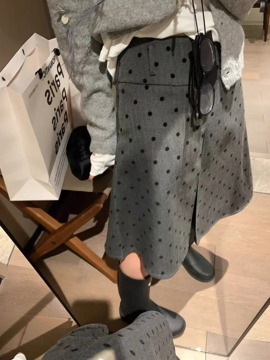 Factory Price Retro Wear Two Sides Wear Pleated Polka-dot Skirt Women 2024 Fall/winter New Fashion Gray A-line Skirt