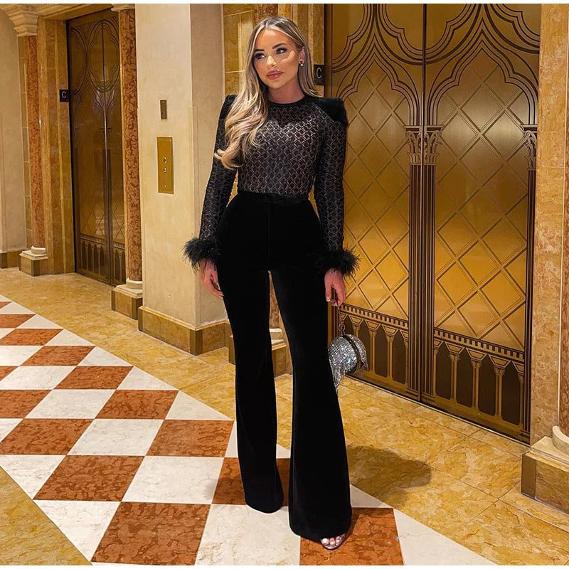 Embroidery Lace Red Jumpsuits Women Sexy Slim Long-sleeved Belt High Waist Jumpsuit Female 2024 INS Casual Lady Party Rompers