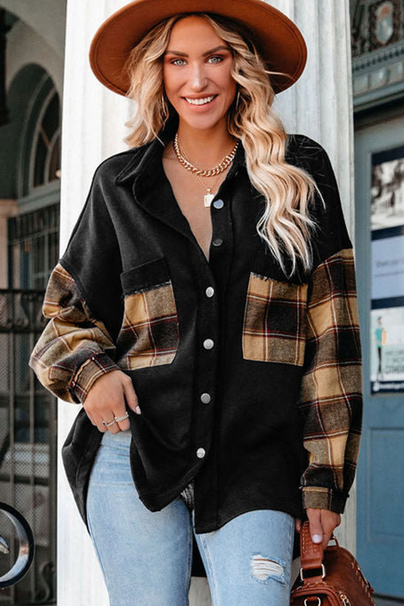 Black Plaid Patchwork Chest Pockets Oversized Shirt Jacket