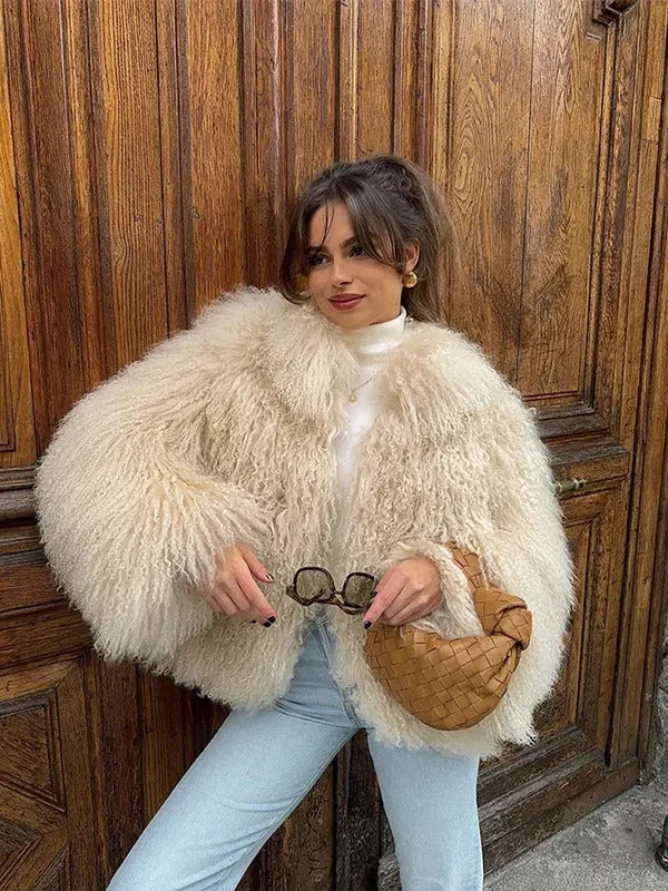 Women Elegant Solid Plush Faux Fur Short Coats Fashion Lapel Full Sleeves Thick Jacket Autumn 2024 Winter Female Casual Outwear