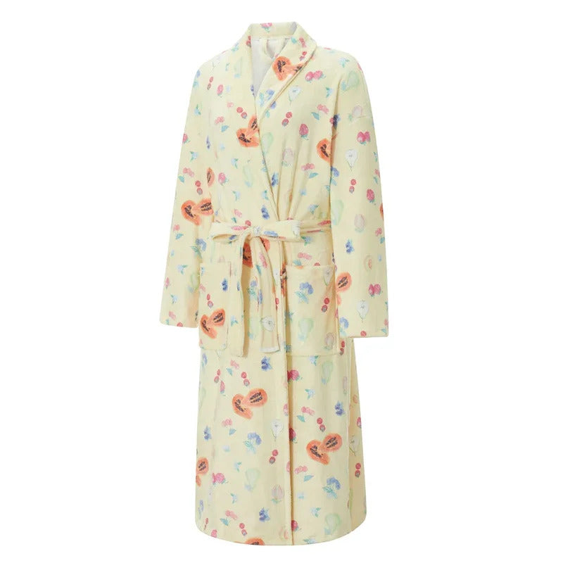 Women Flannel Robe Home Sleepwear Floral Print Shawl Collar Bathrobe Kimono Robe with Belt Winter Warm Pajamas Clothes