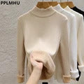 Thicken Velvet Turtleneck Sweater Women Korean Fashion Lined Warm Sueter Knitted Pullover Slim Top Winter Jersey Knitwear Jumper