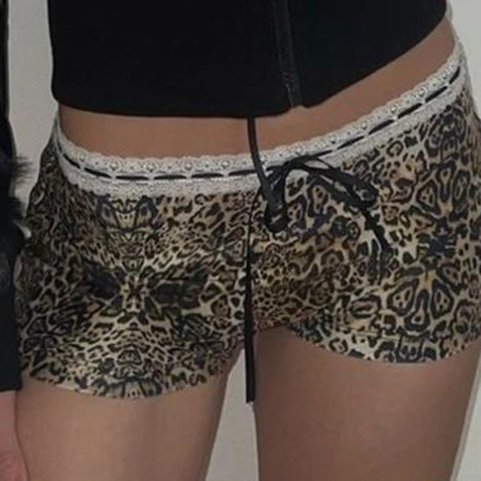 CIBBAR Hot Sexy Leopard Print Shorts Streetwear y2k Lace Patchwork Bow Low Rise Skinny Short Pants Women Vintage 2000s Clothing