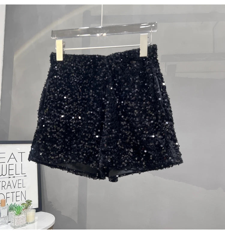 Europe and America Sequined Black Shorts Slim Suede Embroidered Beads Grey Casual Pants Women's Hot Pants