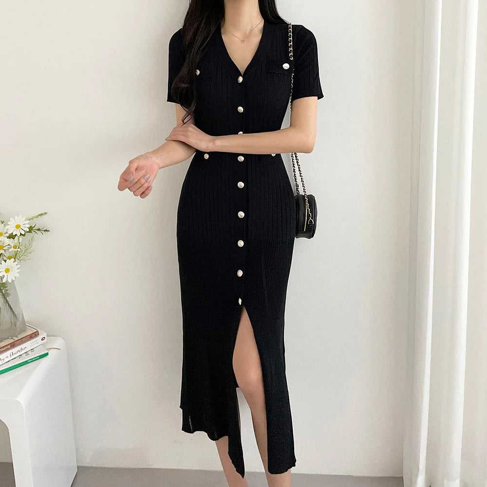 Summer Midi Dress Women Knitted Black Bodycon Korea Style Ruffle Ladies Dresses Elegant Fashion Casual Woman Dress 2024