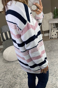 Pink Striped Crewneck Long Sleeve Sweater