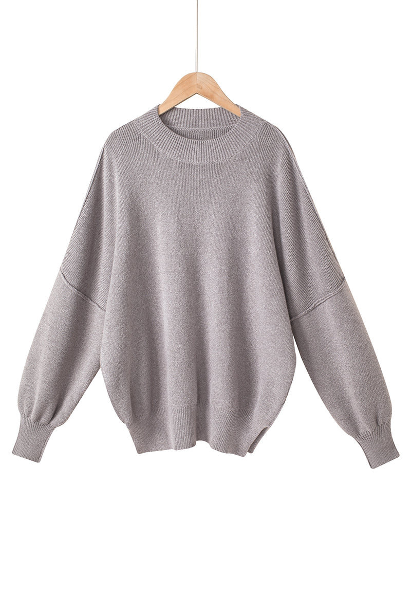 Gray Oversized Drop Shoulder Bubble Sleeve Pullover Sweater