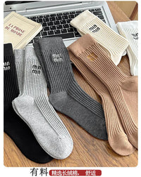 Stockings Socks Embroidered Letter Women's High Barrel Striped Double Needle Stacked Socks Birthday Gift