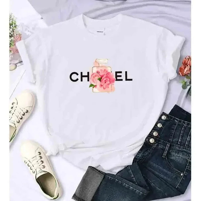 Women's Summer Cotton T-Shirt Alphabet Flower Perfume Shirt Fashion Printed Pattern T-Shirt Brand High Quality Short Sleeve Top