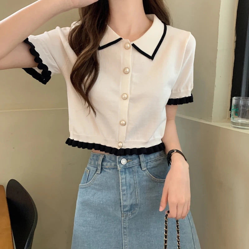 Sweet Women Shirt Korean Knitted Turn Down Collar Chic Short Sleeve Female Blouse Summer Retro Slim All Match Ladies Crop Tops