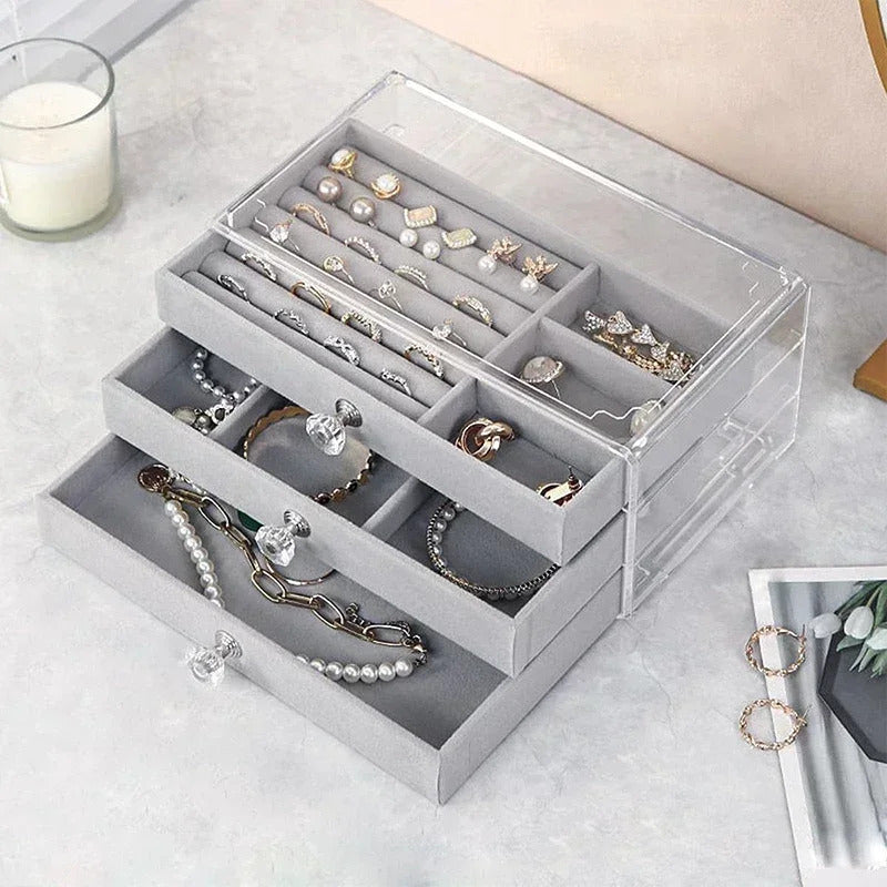 Acrylic Velvet Jewelry Organizer with 3 Drawers Stackable Display Storage Earrings Necklace Bracelets Box Holder Case for Women