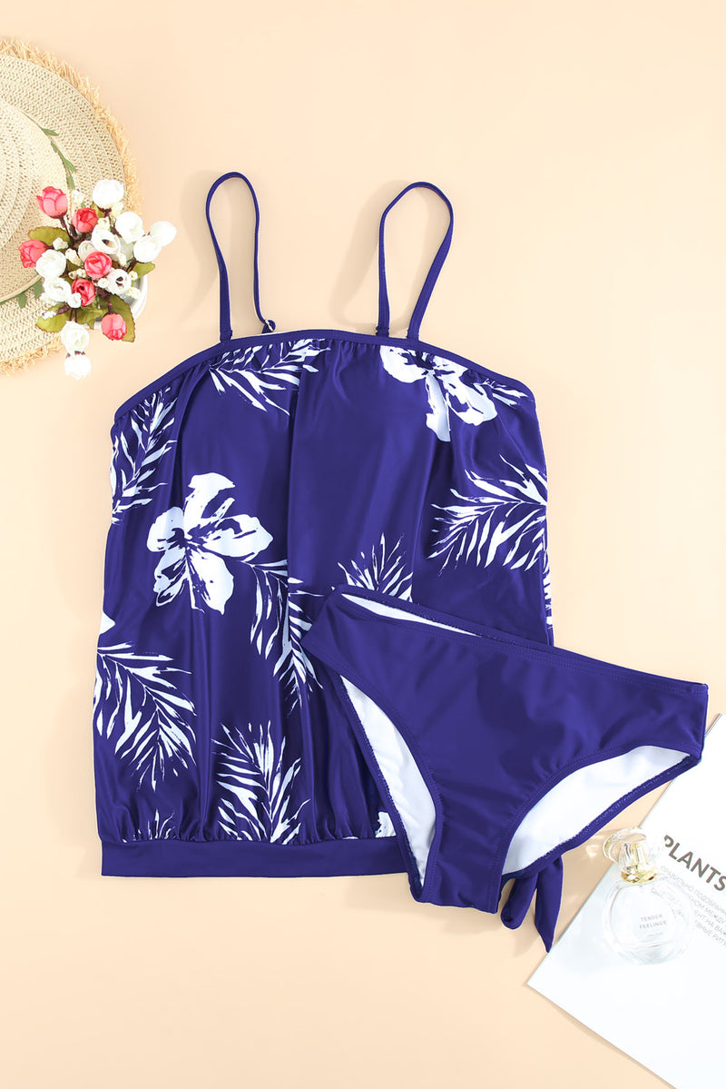 Retro Floral Leopard Pattern Strapless Tankini Set