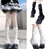 Japanese Women Knitted Leg Warmer Bow Tiered Ruffled Socks Girl Lace Lolita Socks Calf T-shaped Lace Leg Horn Warmers Women P1J5