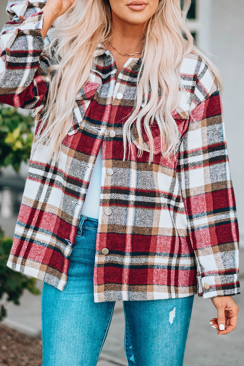 Blue Geometric Plaid Print Pocketed Shacket