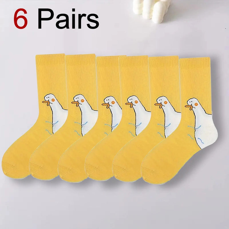 1/6 Pairs Cartoon Women Socks Fashionable And Versatile Cute Design Funny Goose Breathable Soft Comfortable Women Casual Socks﻿