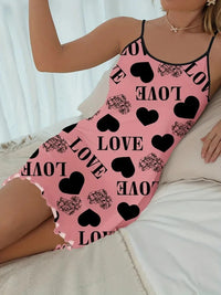 1 Piece Casual & Comfy Heart & Letter Print Nightdress, Lettuce Trim Sexy Slip Short Nightdress, Women's Sleepwear & Dresses