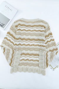 Wavy Stripe Scalloped Edge Pointelle Knit Sweater