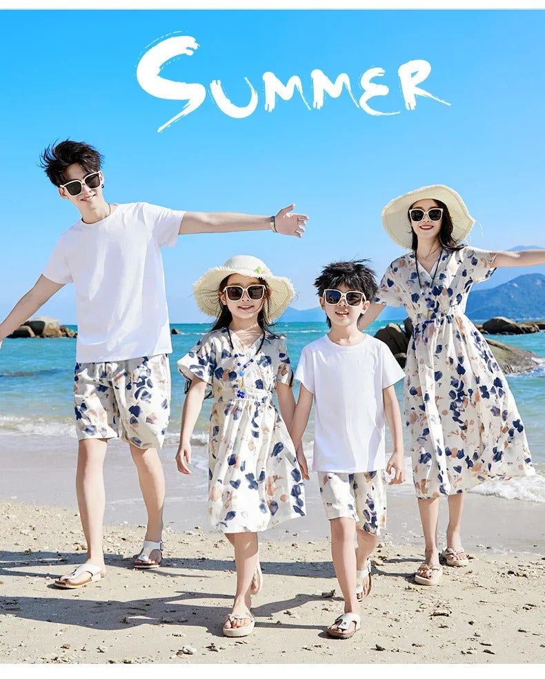 2024 Summer Holiday Family Vacation Look Clothes Dad and Son Shirts Two Piece Outfits Sets Mom and Daughter Short Sleeve Dress