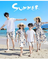 2024 Summer Holiday Family Vacation Look Clothes Dad and Son Shirts Two Piece Outfits Sets Mom and Daughter Short Sleeve Dress