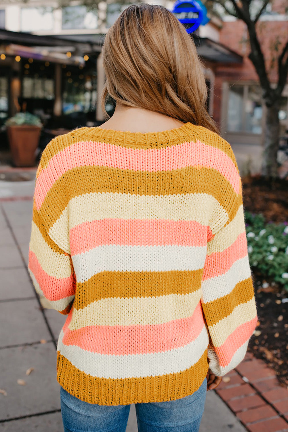 Yellow Striped Puff Sleeve Knitted Pullover Sweater