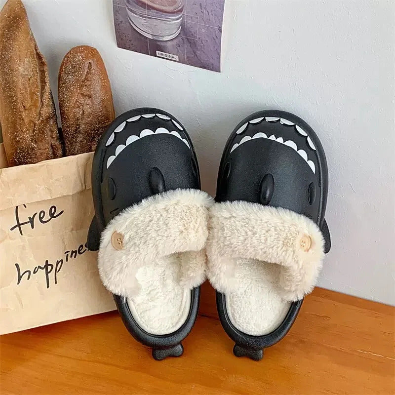 Shark Cotton Slippers Woman Waterproof Winter Indoor Non-slip Slides  Shark Flip Flops Plush Warm Couple Home Sandals Flat Shoe