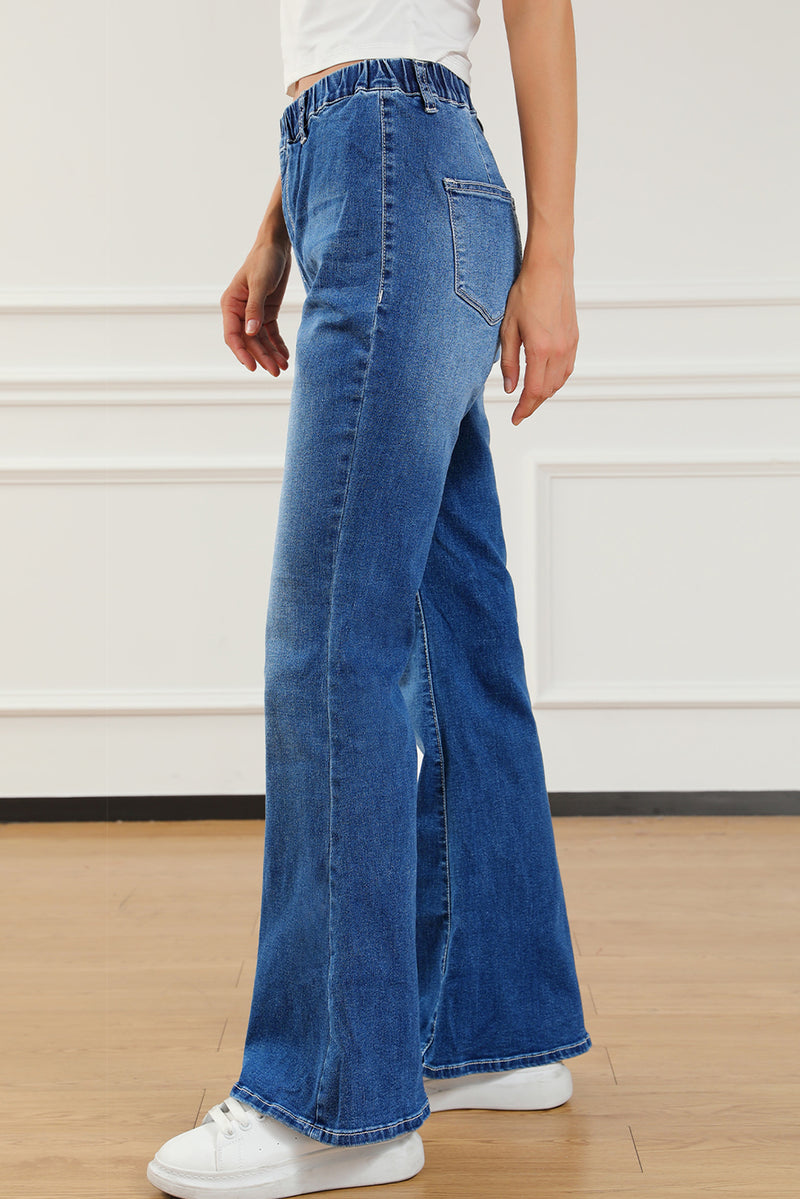 Blue Elastic High Waist Flare Jeans