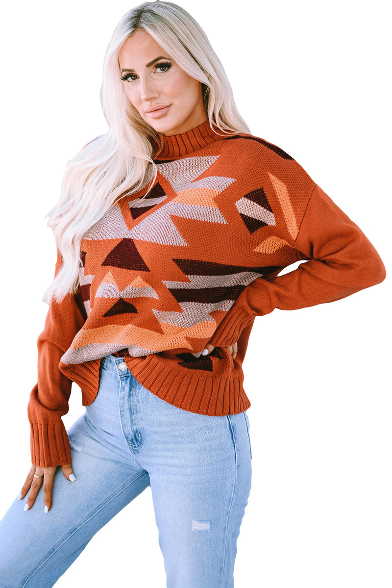 Brown Aztec Knitted High Neck Drop Shoulder Sweater