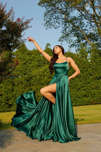 FATAPAESE Prom Dress Spandex satin Slit Side Dress A-LINE Scoop Stretch Slip Satin High Split Long Simple Evening Party