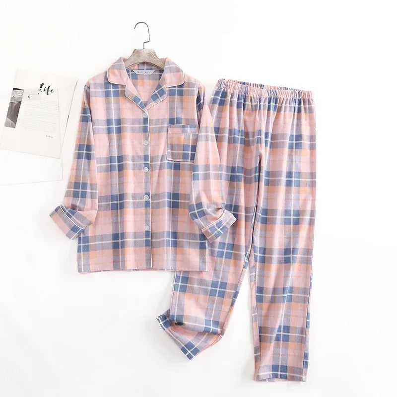 Cotton Flannel Women's Long Pants Pajamas Sets for Sleepwear Plaid Design Loose Autumn and Winter Long Sleeve Trouser Suits