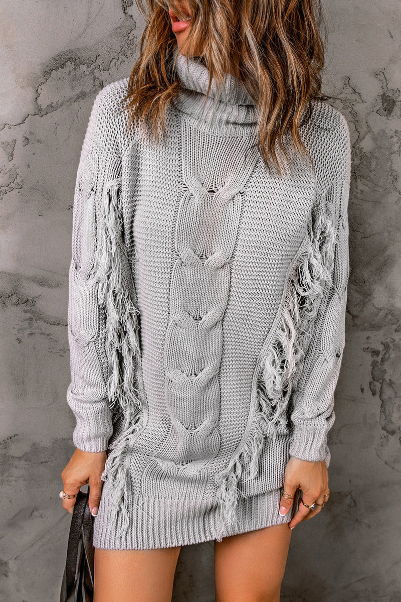 Gray Twist Fringe Casual High Neck Sweater Dress