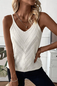 White Chevron Pointelle Knit Spaghetti Straps Sweater Vest