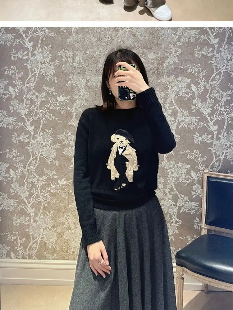 Luxury Brand Patch Bear Knit Sweater Women Autumn Winter Long Sleeve Loose Lauren Pullover Top Cashmere RL Knitwear Coat Clothes