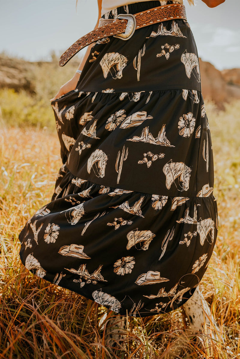 Black Western Print Tiered Ruffled High Waist Maxi Skirt