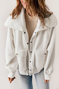 Brown Button Flap Pocket Spread Collar Fleece Jacket