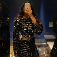 Women Fashion Glitter Sequins Hollow Out Mini Dress Elegant Round Neck Long Sleeves Short Dresses 2024 Female Chic Party Outfit