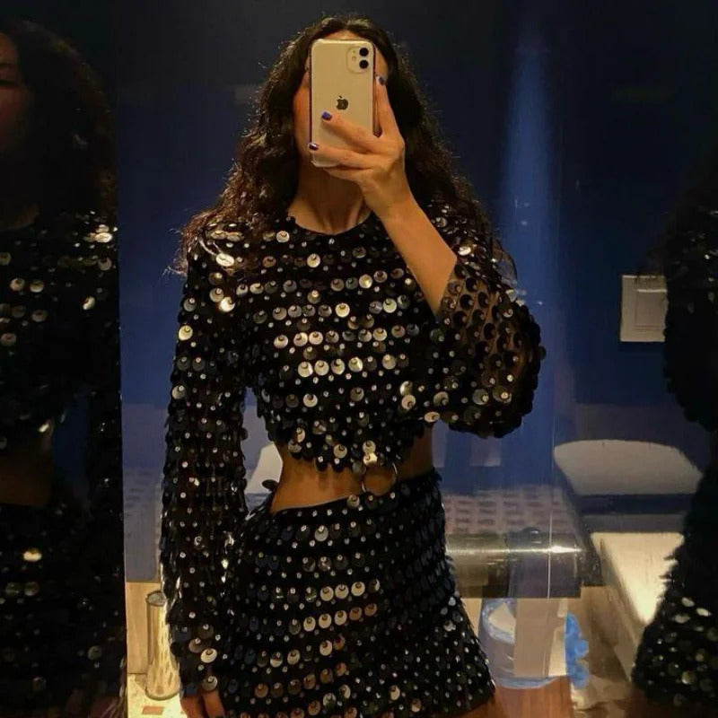 Women Fashion Glitter Sequins Hollow Out Mini Dress Elegant Round Neck Long Sleeves Short Dresses 2024 Female Chic Party Outfit