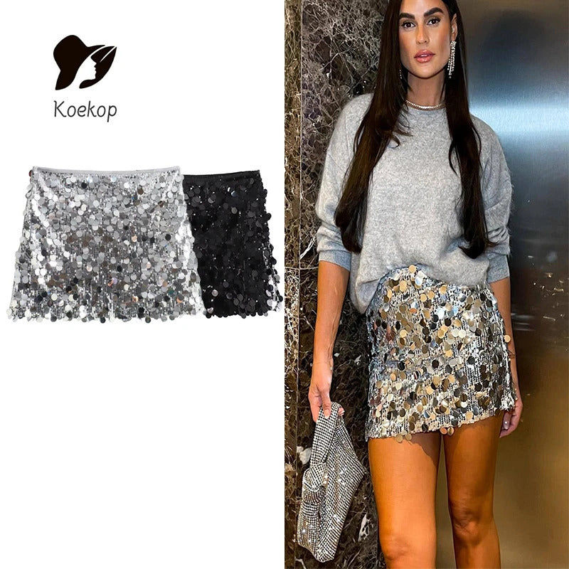 Koekop Fashion Summer Women's Skirt Streetwear Glitter Short Skirt Sequin Mini Skirt Women Luxury High Waist Skirts for Woman