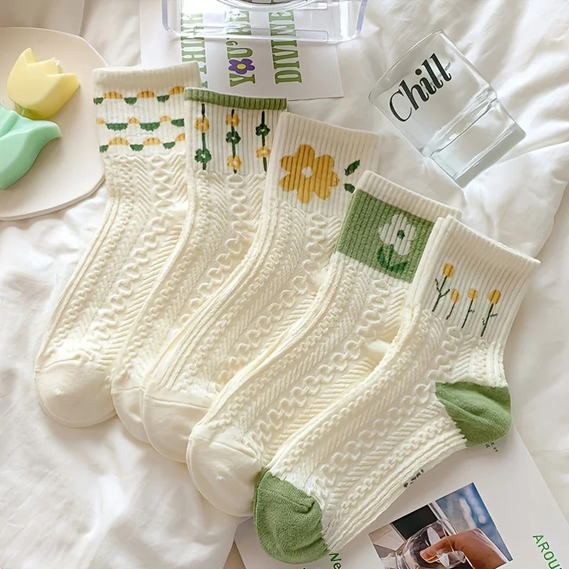 14/5/4 Pairs Retro Floral Socks , Texture Solid Socks , Women's Socks & Hosiery Mid-calf Socks Rustic Retro Casual Socks