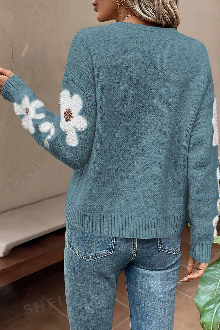 Dusk Blue Flower Sleeve Drop Shoulder Sweater