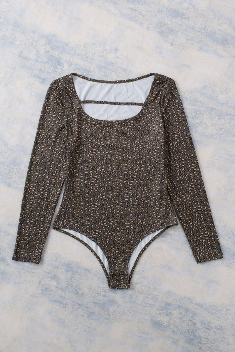 Green Olive Strappy Hollow-out Scoop Neck Long Sleeve Leopard Bodysuit